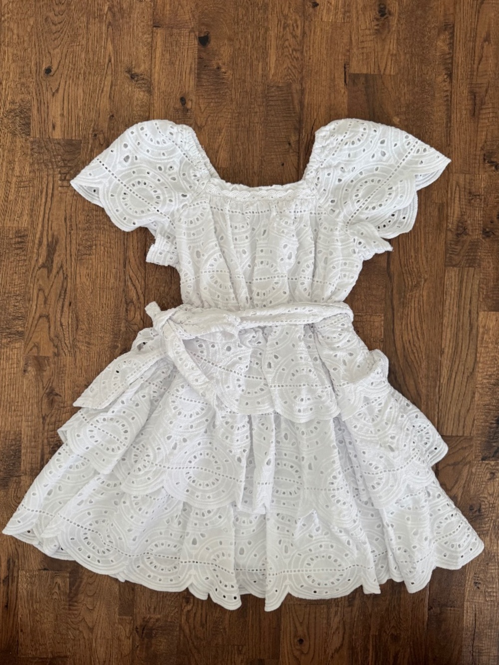 A Loves A Girls White Eyelet Dress Size M 8-10 100% Cotton Tiered Belted O